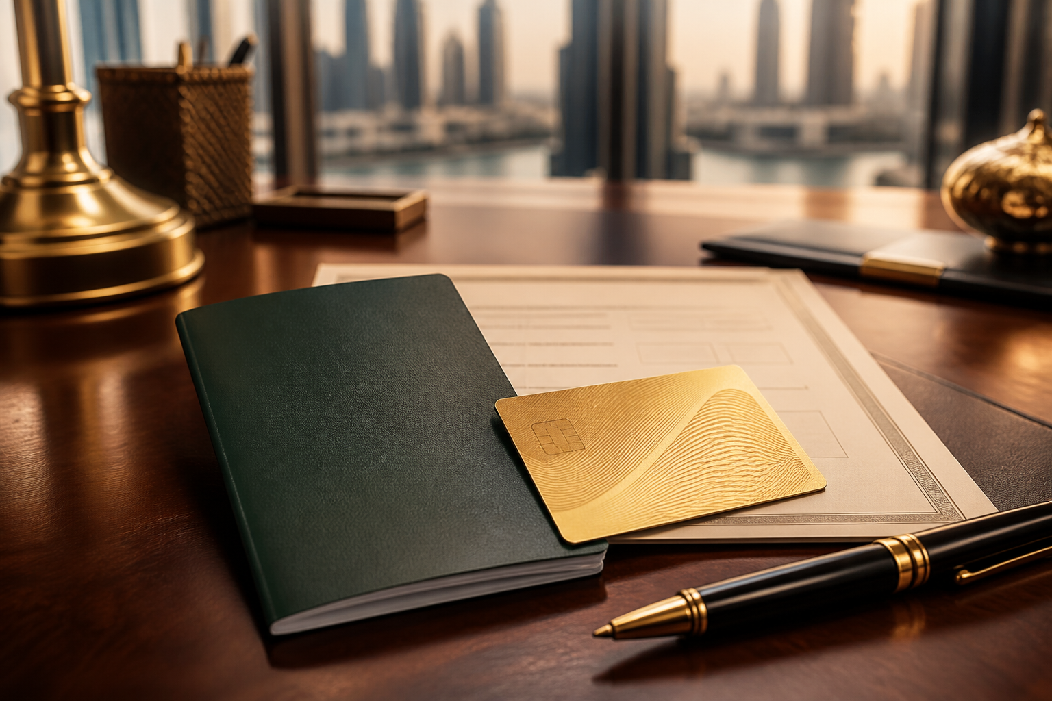 Golden residency documentation on a business desk
