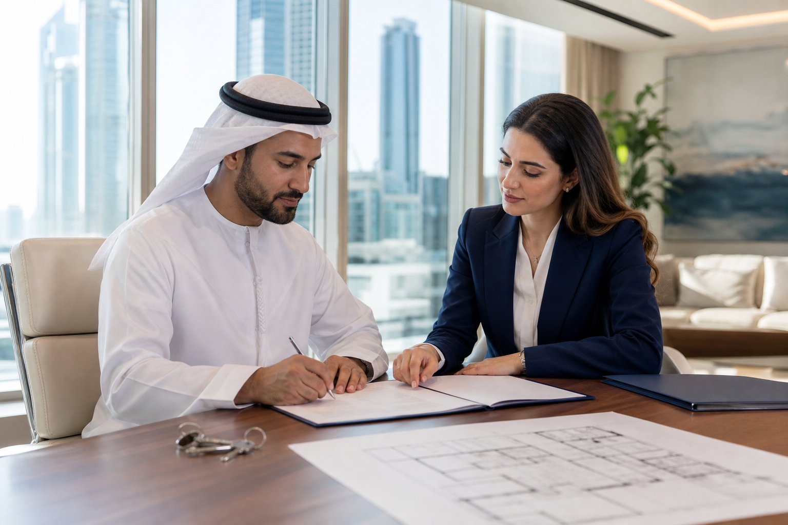 Professionals reviewing a commercial office agreement